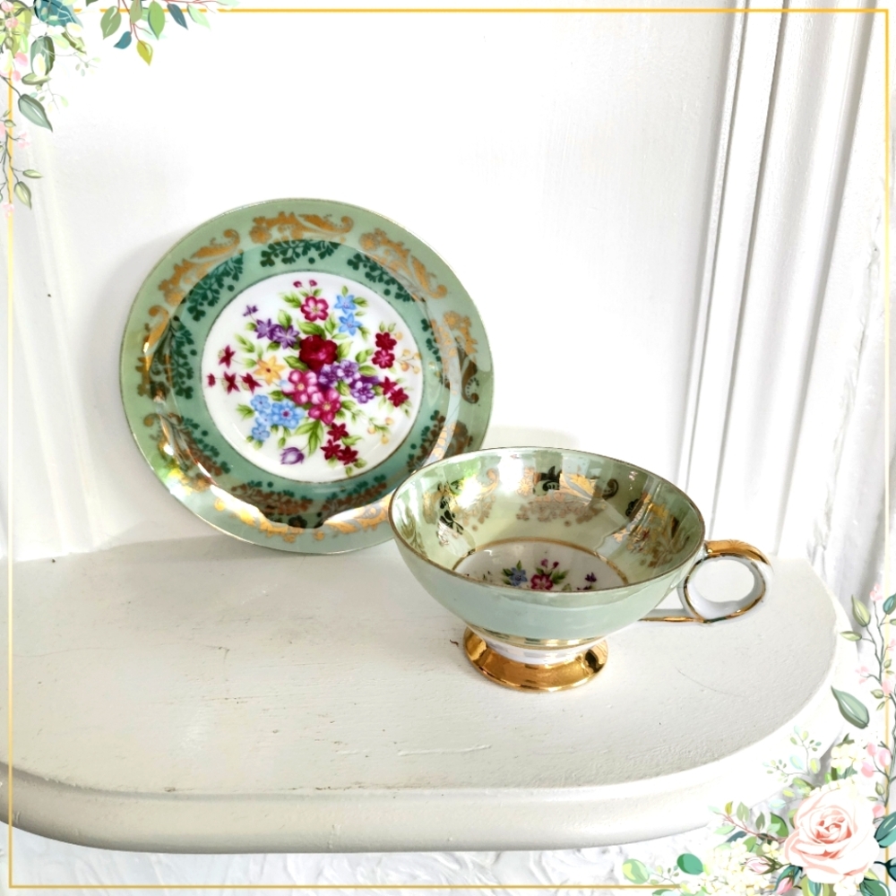 Trimont Gold and Green and Floral Tea Cup and Saucer Vintage Japan China